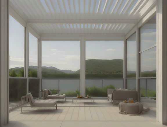 Terrasse fermée par des parois vitrées, vue montagne